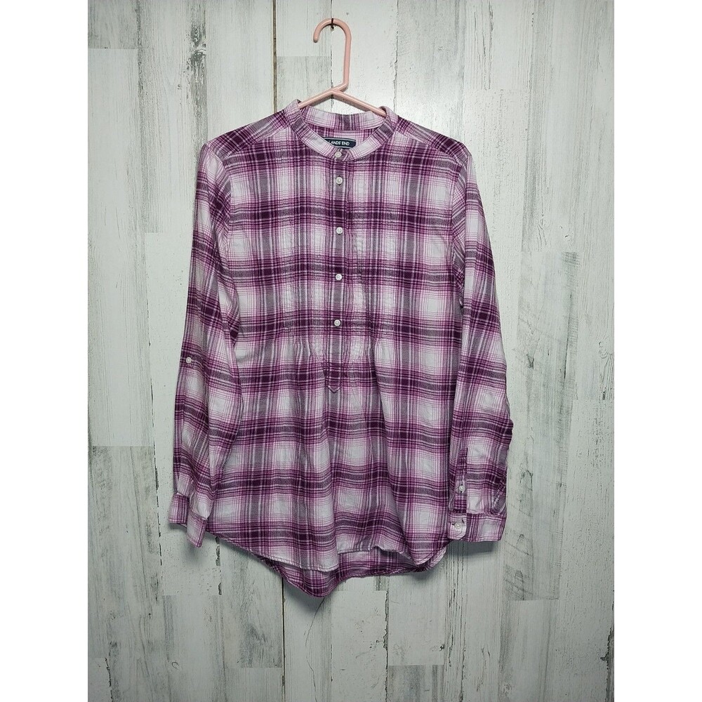 Land's End Women's Size 14 Purple Plaid Collarless Flannel Shirt With Pintucks